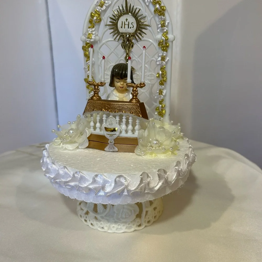 Elegant White and Gold First Communion Cake Topper